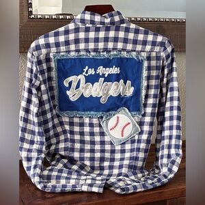 UPCYCLED Los Angeles LA Dodgers Women's Shirt.  Blue and White. Button Down. S.